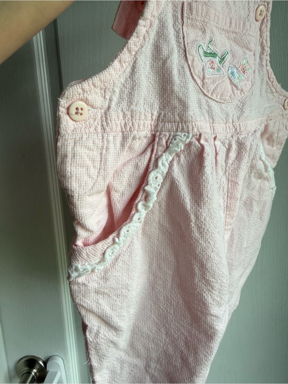 Vintage Pink Baby gingham Overalls with Embroidery and lace trim - Picture 3 of 6